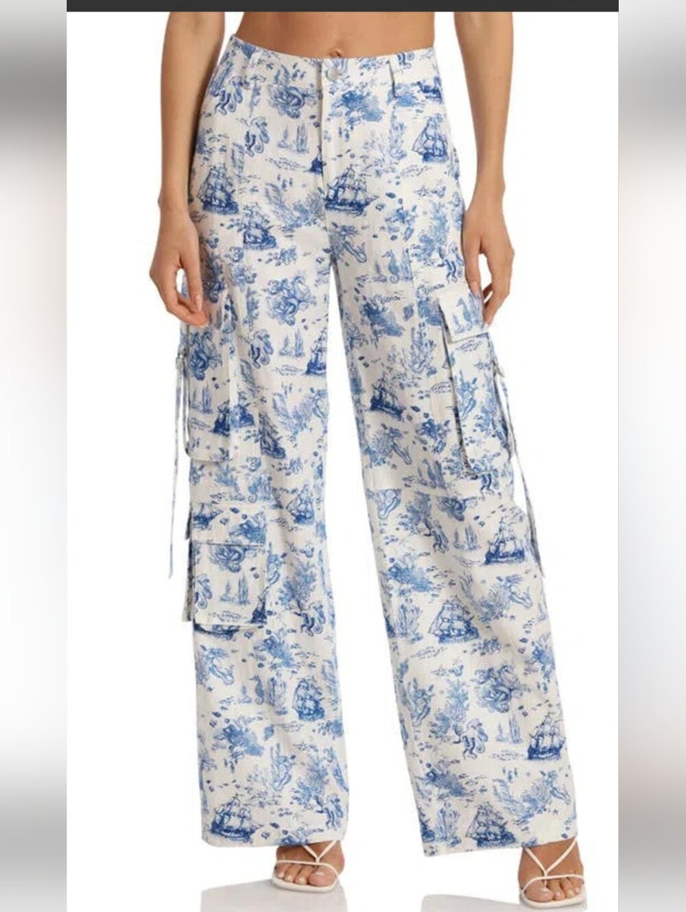 Avec Les Filles Blue Toile Wide Leg Cargo Oceanic Pants Linen Blend Small‎